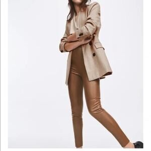 ZARA Faux Leather Hi Elastic Waist Skinny Ankle Crop Pants Raw Hem M Brown #3100